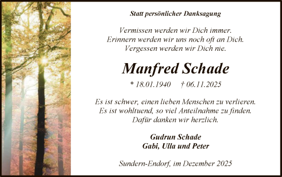 Traueranzeige von Manfred Schade von HASK