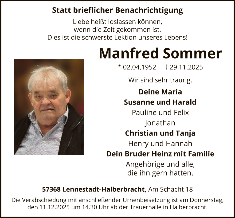  Traueranzeige für Manfred Sommer vom 06.12.2025 aus HASK