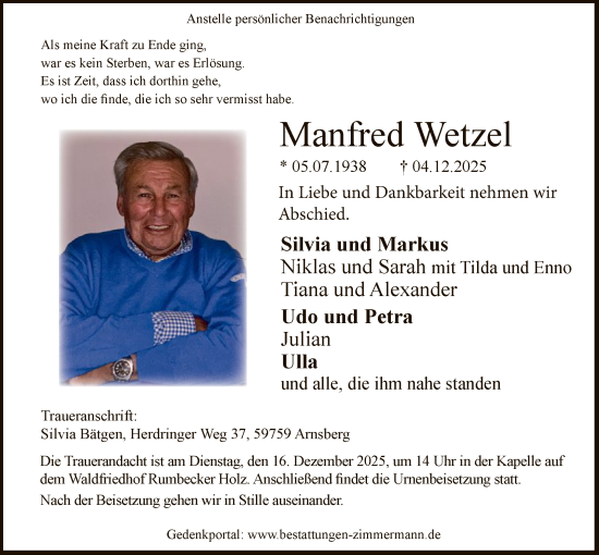 Traueranzeige von Manfred Wetzel von HASO