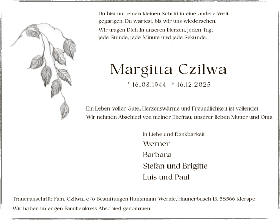 Traueranzeige von Margitta Czilwa von HALN
