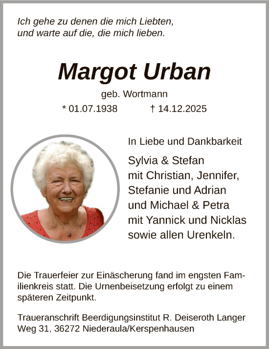 Traueranzeige von Margot Urban von HAWA