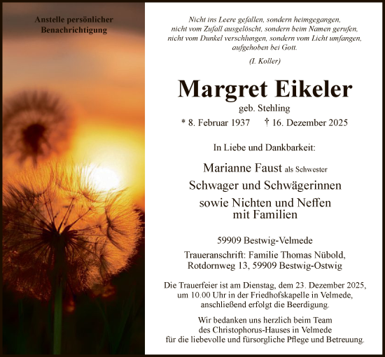 Traueranzeige von Margret Eikeler von HASK