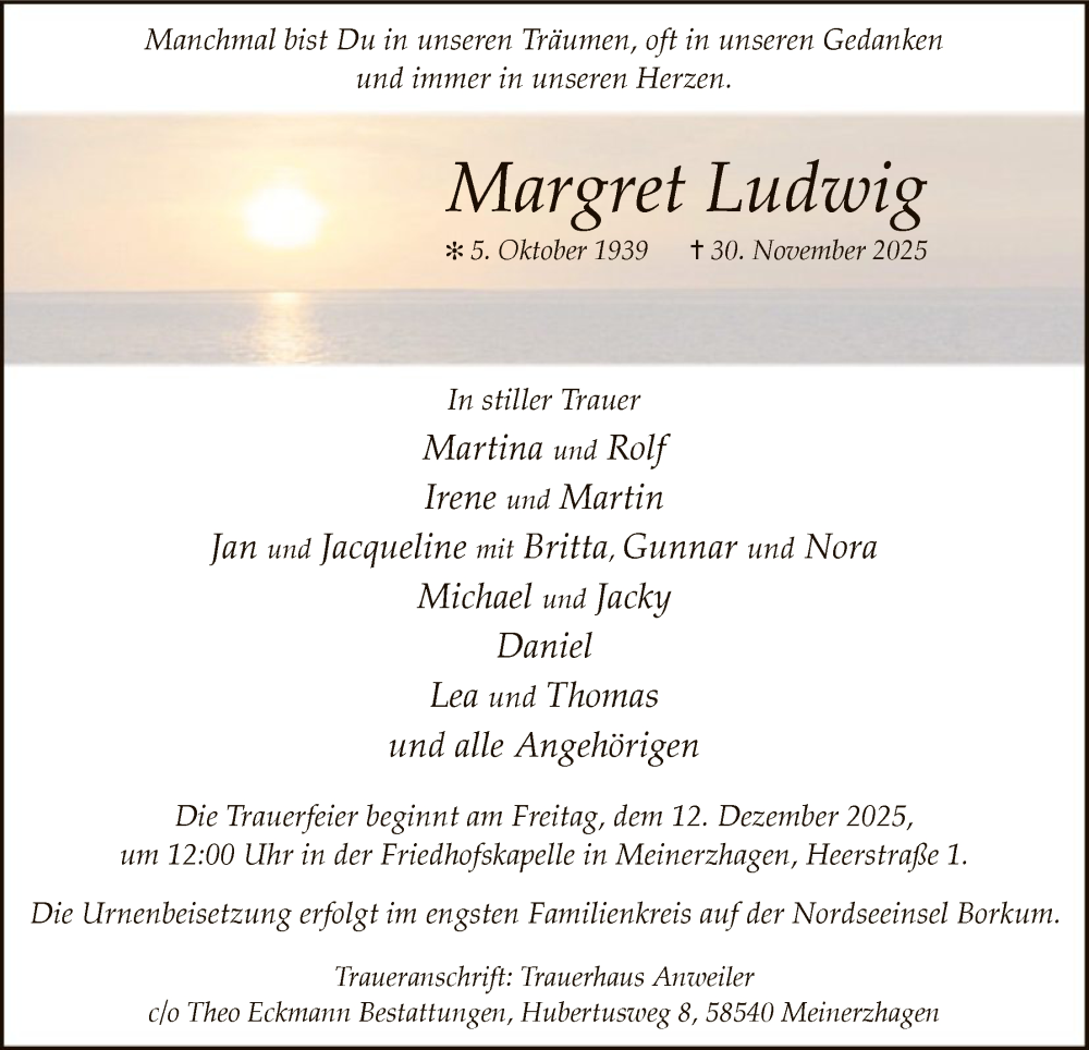  Traueranzeige für Margret Ludwig vom 06.12.2025 aus HALN