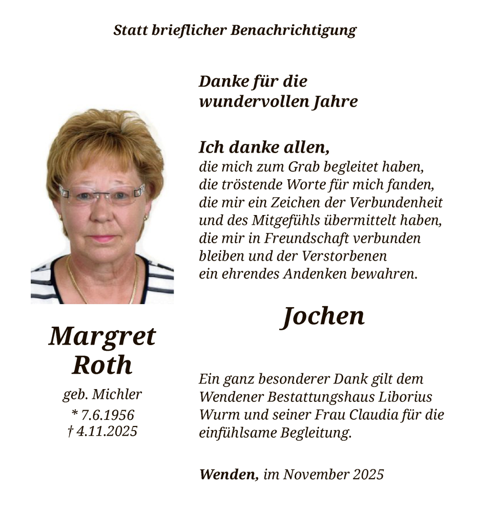  Traueranzeige für Margret Roth vom 06.12.2025 aus HASK