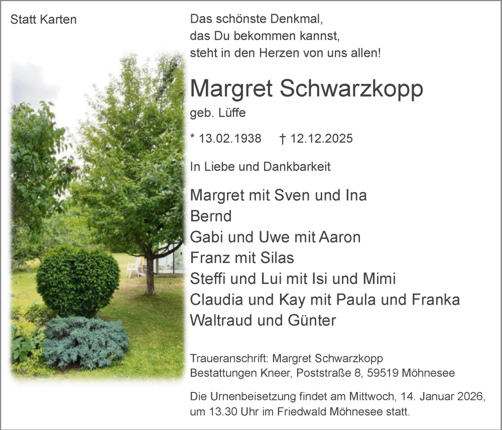  Traueranzeige für Margret Schwarzkopp vom 20.12.2025 aus HASO