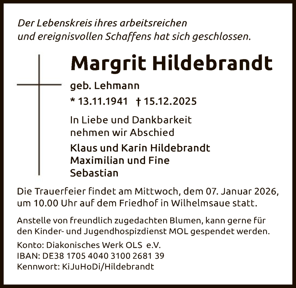  Traueranzeige für Margrit Hildebrandt vom 20.12.2025 aus HAWA