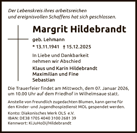 Traueranzeige von Margrit Hildebrandt von HAWA