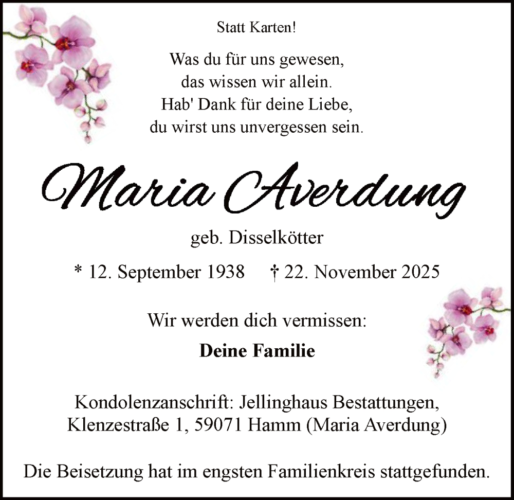  Traueranzeige für Maria Averdung vom 06.12.2025 aus HAWA