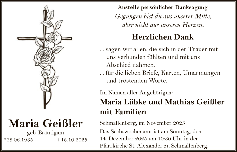  Traueranzeige für Maria Geißler vom 06.12.2025 aus HASK