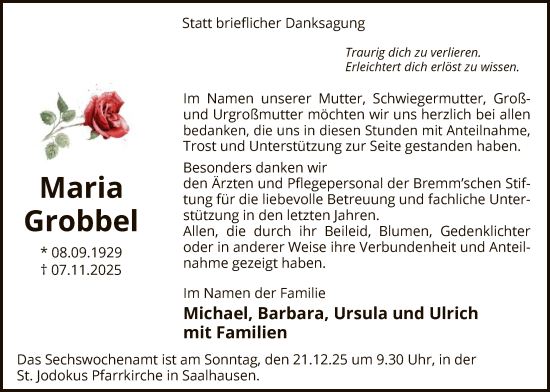 Traueranzeige von Maria Grobbel von HASK