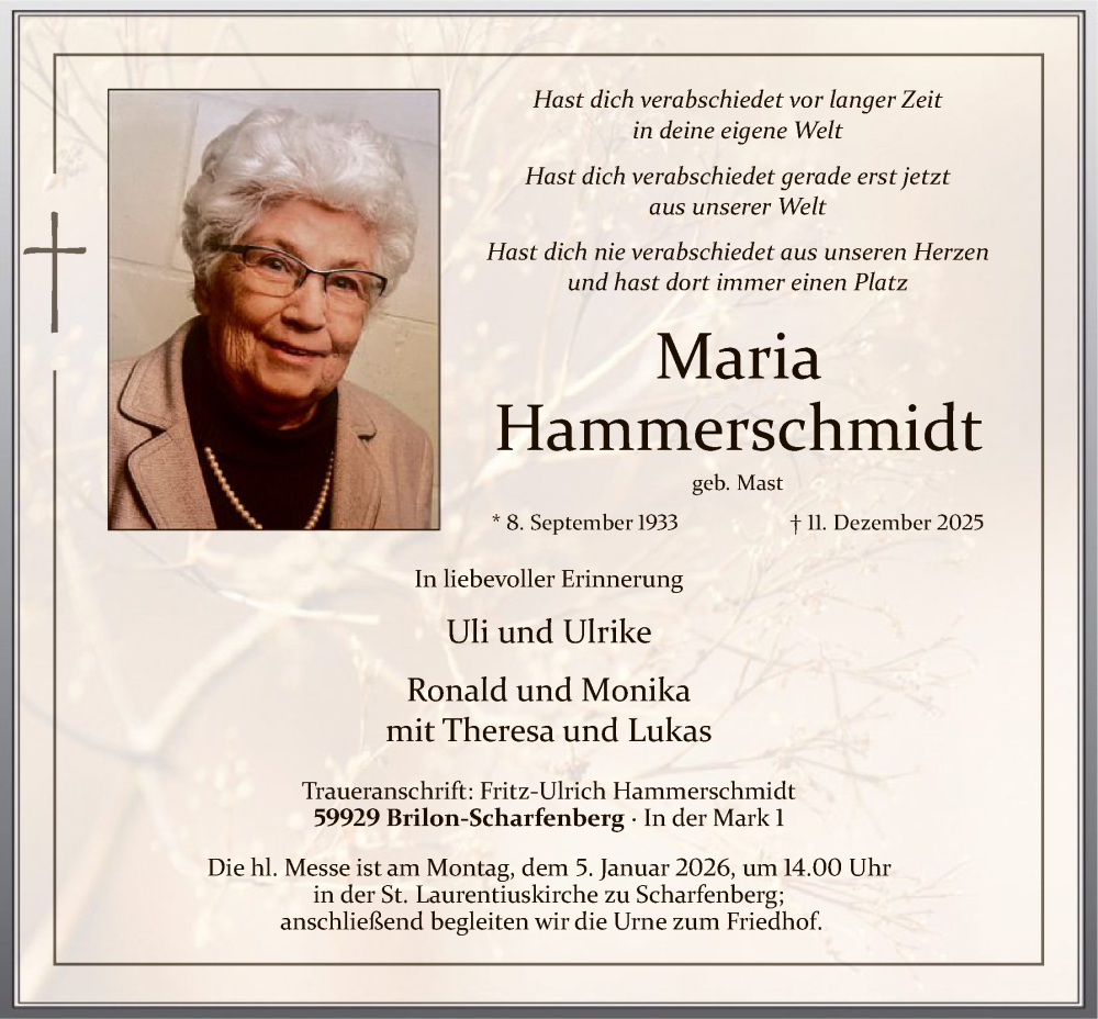  Traueranzeige für Maria Hammerschmidt vom 27.12.2025 aus HASK