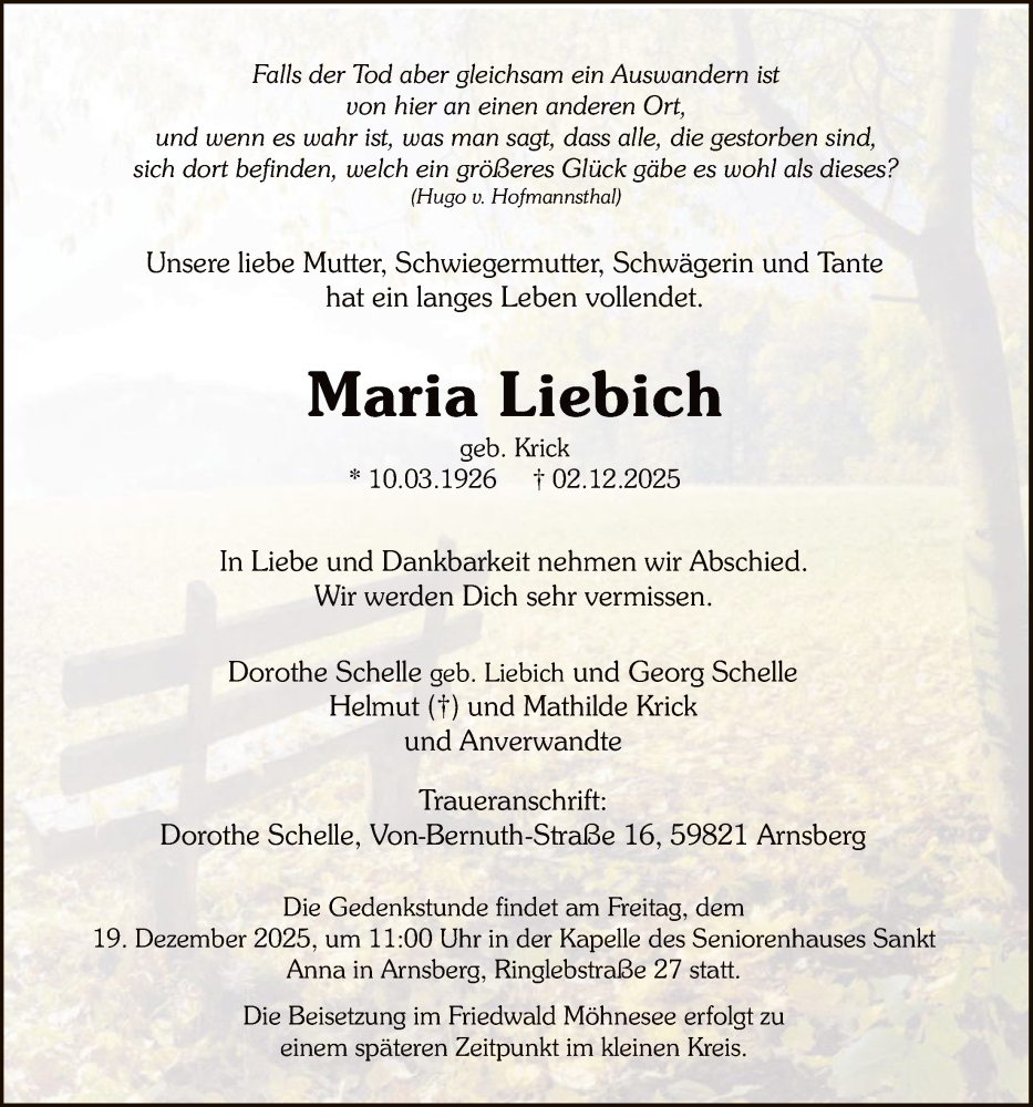  Traueranzeige für Maria Liebich vom 13.12.2025 aus HASK