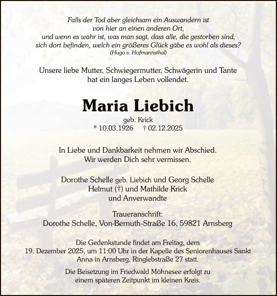 Traueranzeige von Maria Liebich von HASK