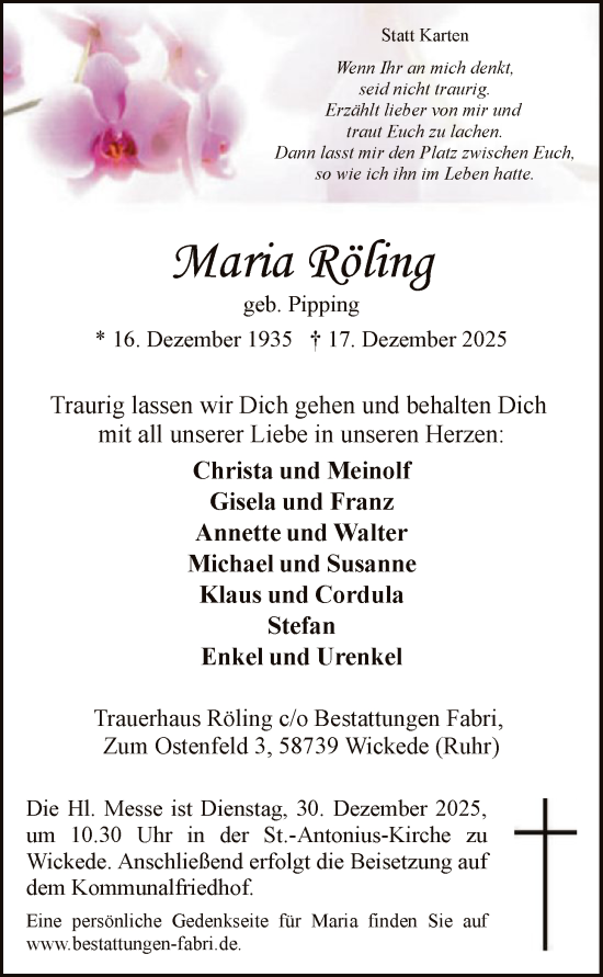 Traueranzeige von Maria Röling von HASO