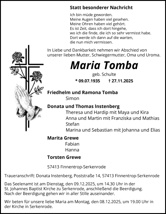 Traueranzeige von Maria Tomba von HASK