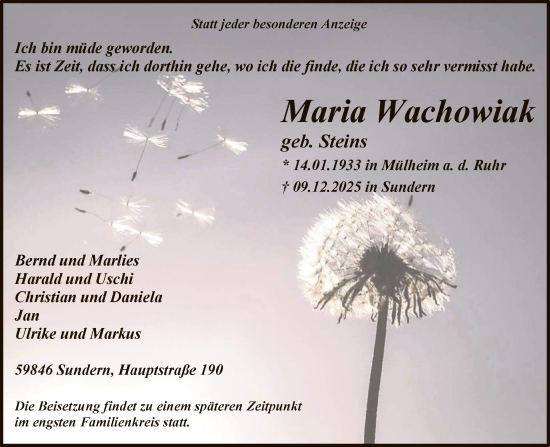 Traueranzeige von Maria Wachowiak von HASK