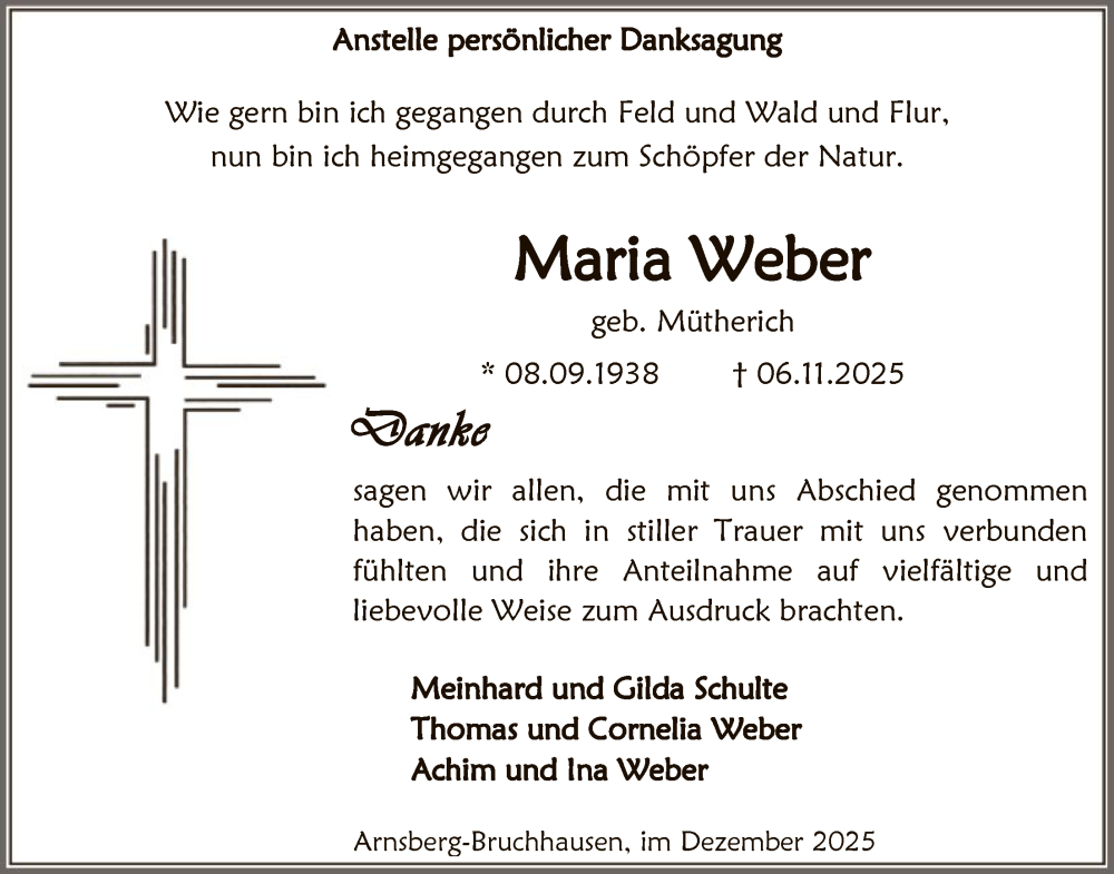  Traueranzeige für Maria Weber vom 13.12.2025 aus HASK