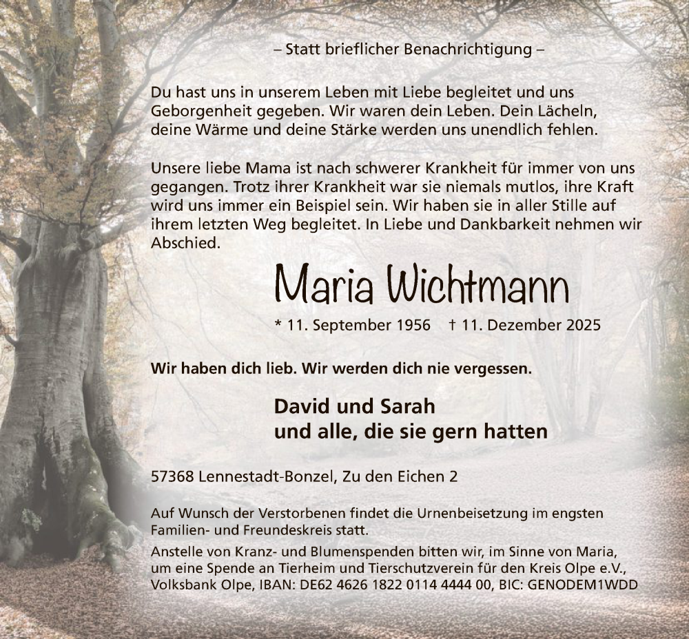  Traueranzeige für Maria Wichtmann vom 20.12.2025 aus HASK