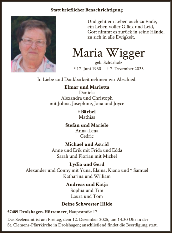 Traueranzeige von Maria Wigger von HASK