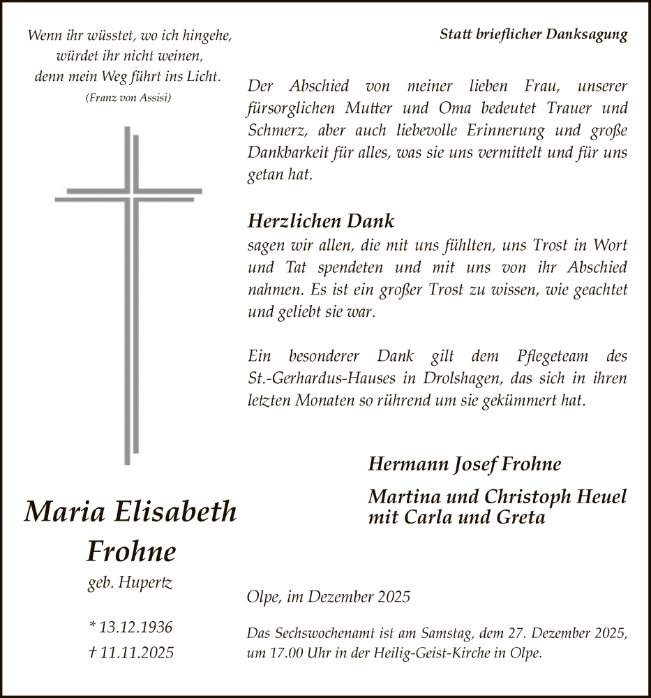  Traueranzeige für Maria Elisabeth Frohne vom 20.12.2025 aus HASK