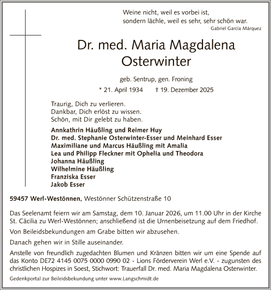 Traueranzeige von Maria Magdalena Osterwinter von HASO