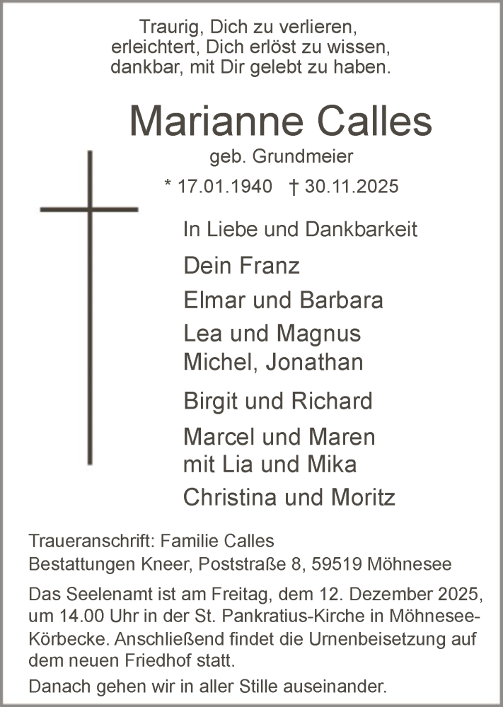  Traueranzeige für Marianne Calles vom 06.12.2025 aus HASO