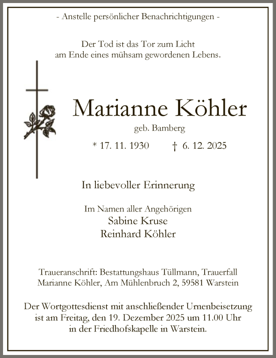 Traueranzeige von Marianne Köhler von HASO