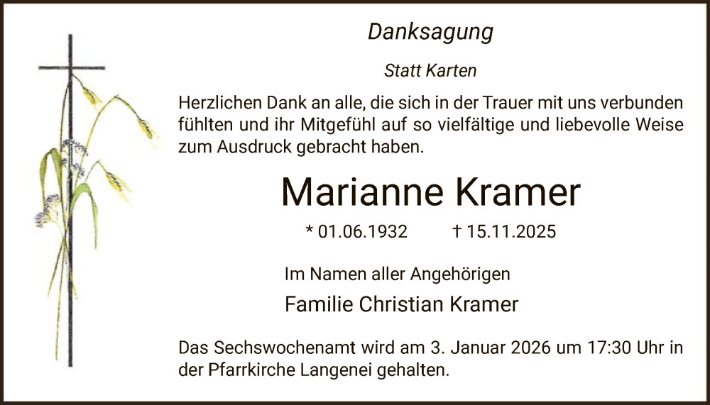  Traueranzeige für Marianne Kramer vom 27.12.2025 aus HASK