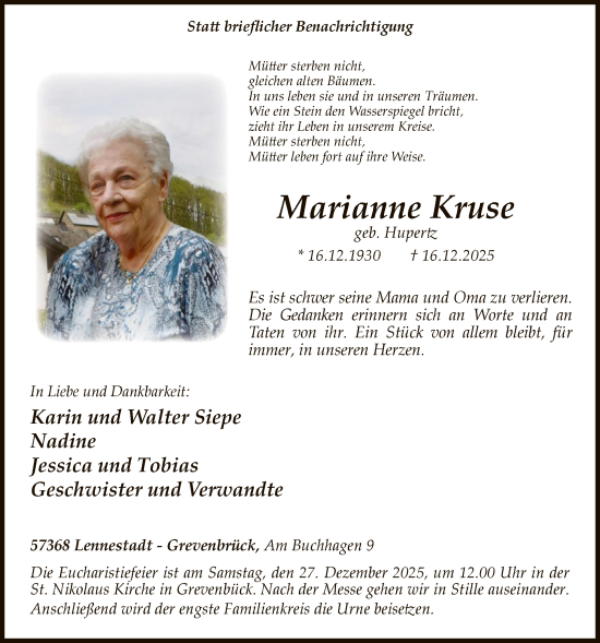 Traueranzeige von Marianne Kruse von HASK