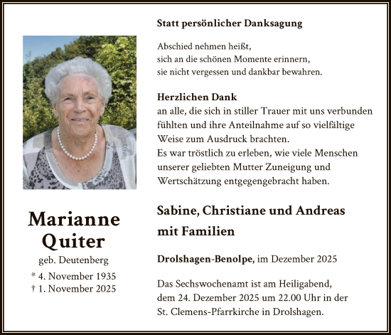 Traueranzeige von Marianne Quiter von HASK