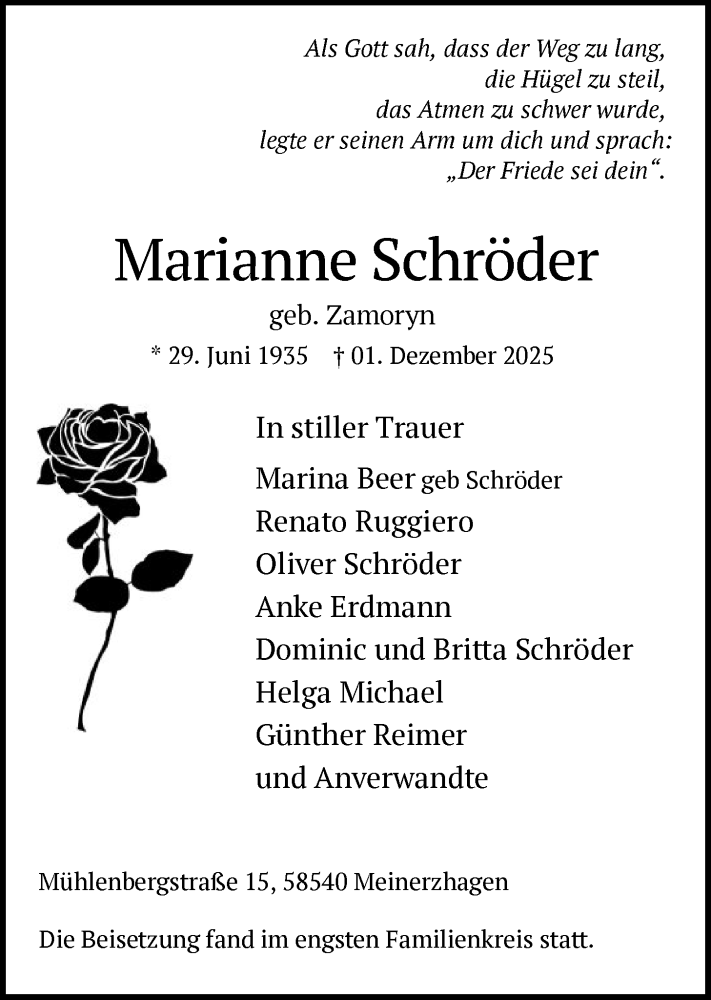  Traueranzeige für Marianne Schröder vom 16.12.2025 aus HALN