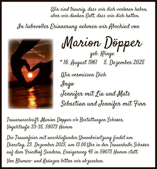 Traueranzeige von Marion Döpper von HAWA
