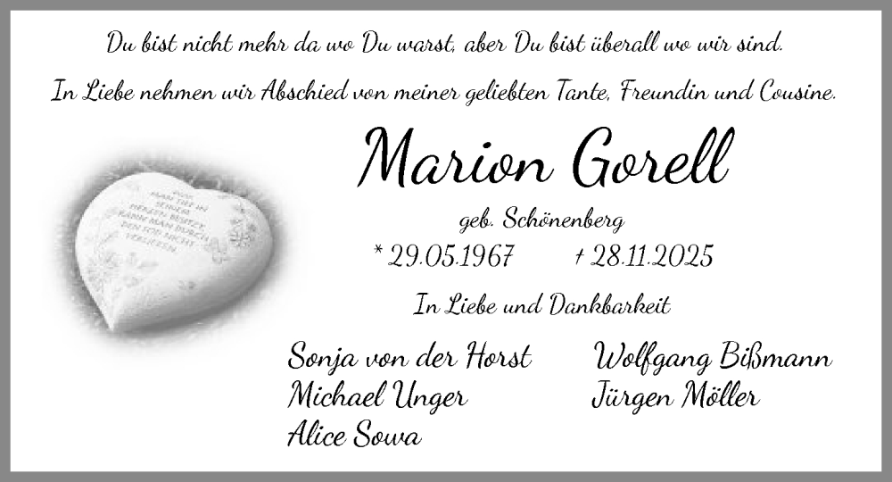  Traueranzeige für Marion Gorell vom 13.12.2025 aus HALN