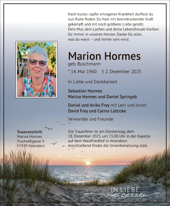 Traueranzeige von Marion Hormes von HASK