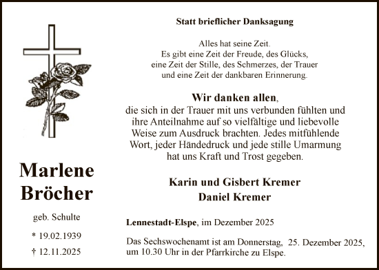 Traueranzeige von Marlene Bröcher von HASK