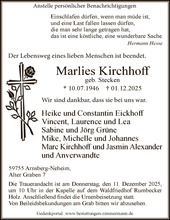 Traueranzeige von Marlies Kirchhoff von HASK