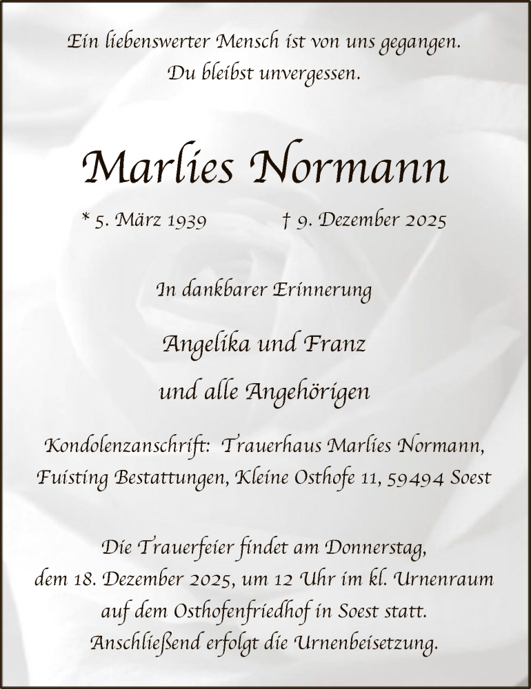  Traueranzeige für Marlies Normann vom 13.12.2025 aus HASO