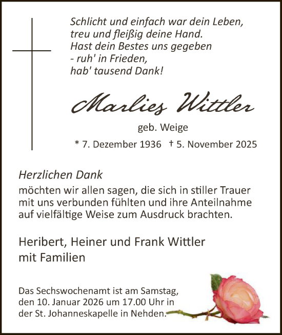 Traueranzeige von Marlies Wittler von HASK