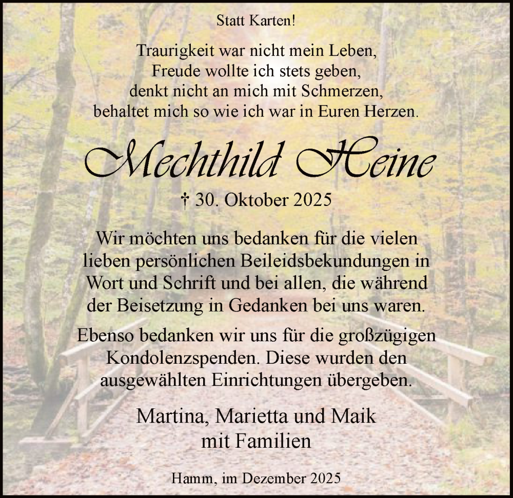  Traueranzeige für Mechthild Heine vom 13.12.2025 aus HAWA