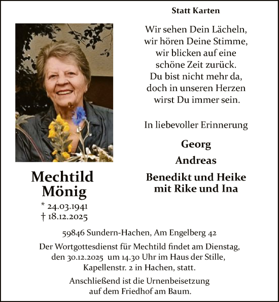 Traueranzeige von Mechtild Mönig von HASK