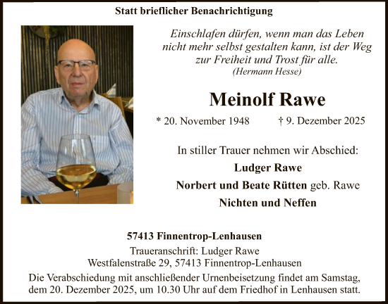 Traueranzeige von Meinolf Rawe von HASK