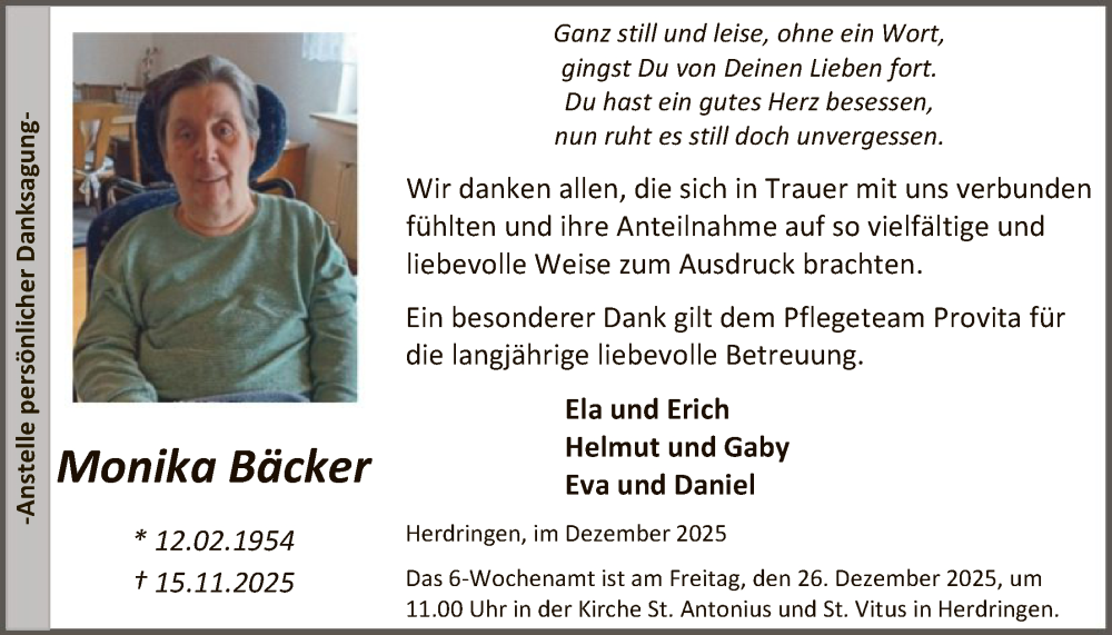  Traueranzeige für Monika Bäcker vom 20.12.2025 aus HASK