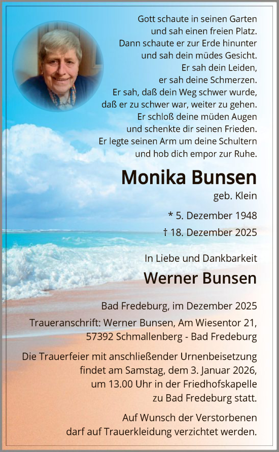 Traueranzeige von Monika Bunsen von HASK
