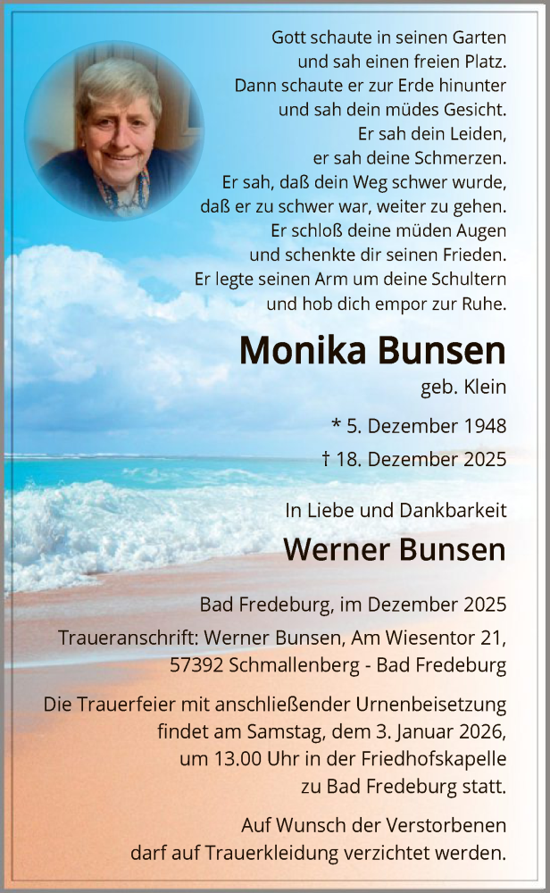  Traueranzeige für Monika Bunsen vom 27.12.2025 aus HASK
