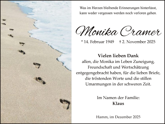 Traueranzeige von Monika Cramer von HAWA