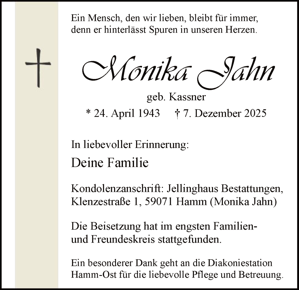  Traueranzeige für Monika Jahn vom 20.12.2025 aus HAWA