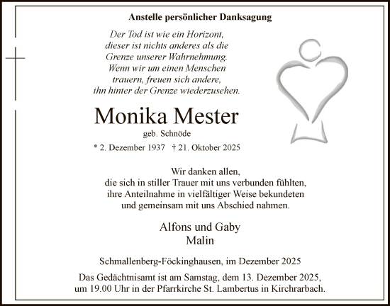 Traueranzeige von Monika Mester von HASK