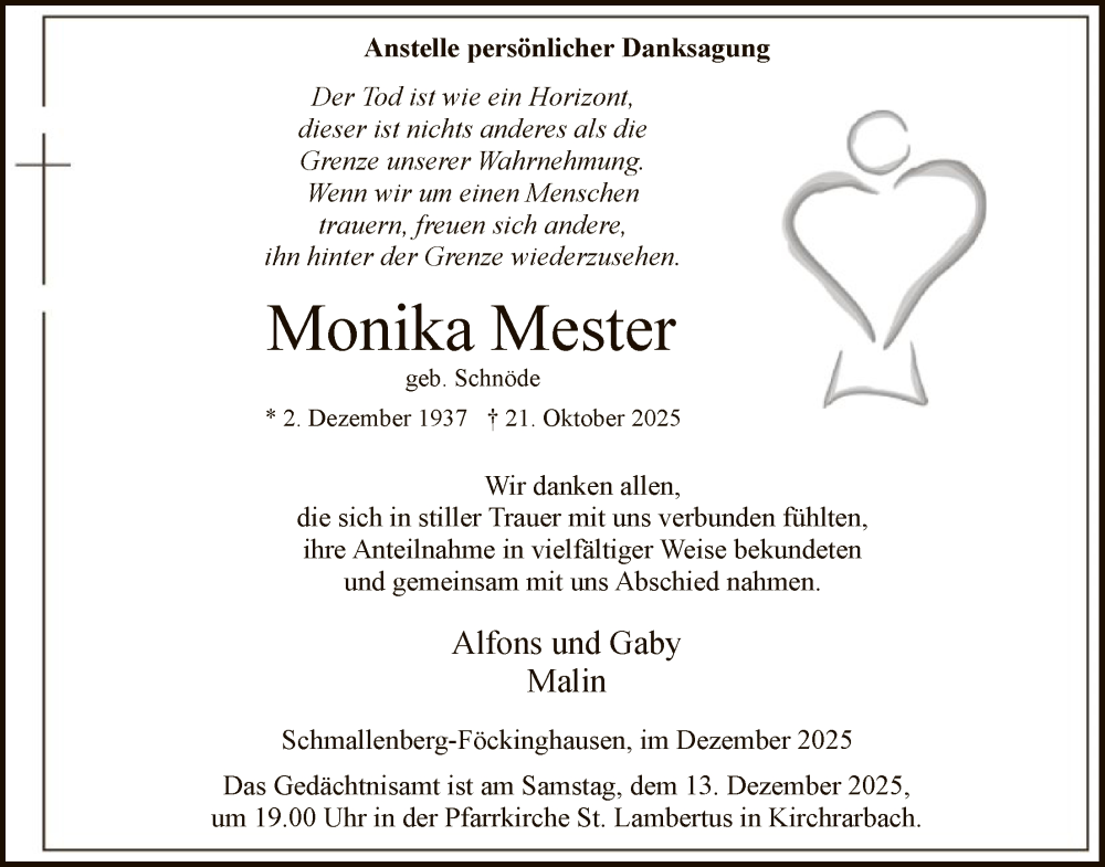  Traueranzeige für Monika Mester vom 06.12.2025 aus HASK