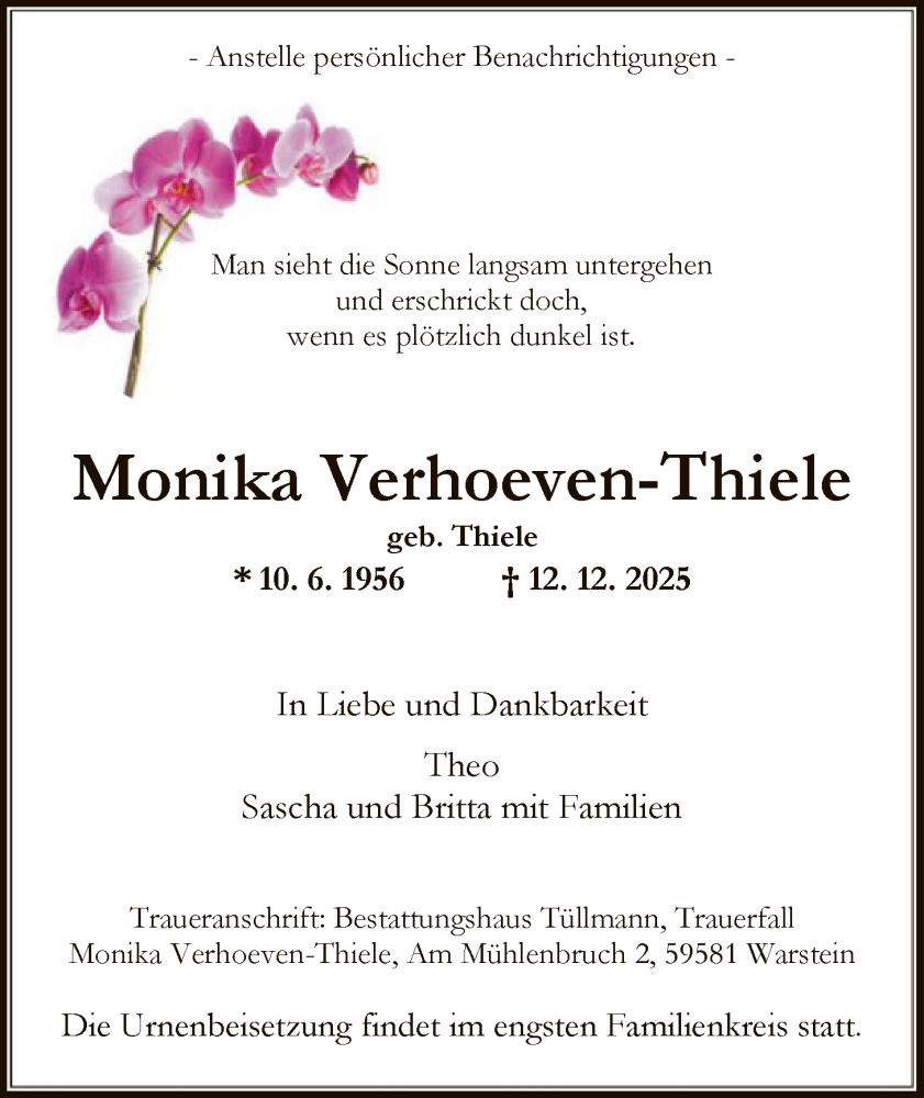  Traueranzeige für Monika Verhoeven-Thiele vom 20.12.2025 aus HASO