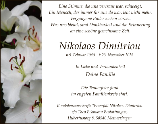 Traueranzeige von Nikolaos Dimitriou von HALN